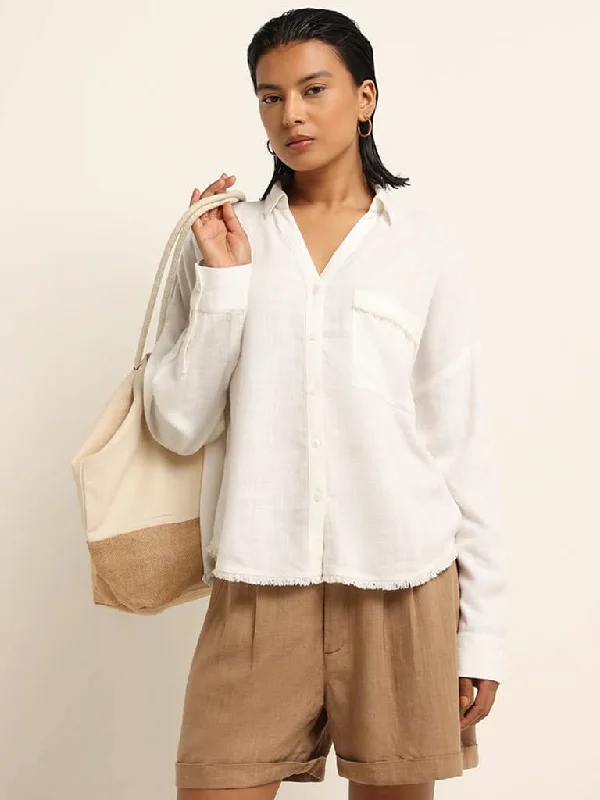 Steals and Deals LOV White Frayed Pattern Blended Linen Shirt