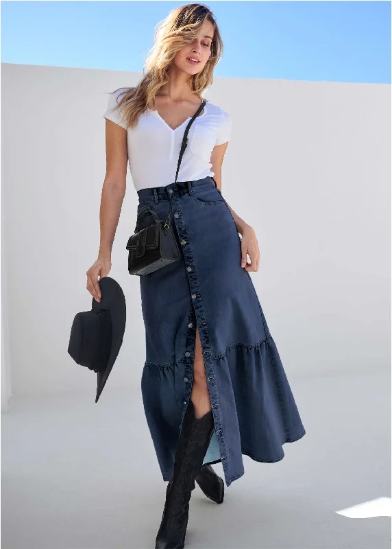 Savings Soar This Weekend Denim Button Down Skirt - Dark Wash