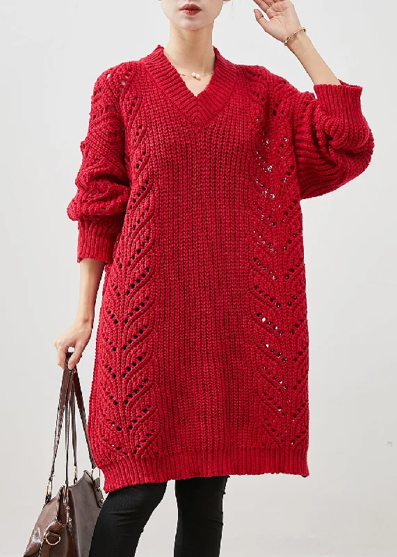 Weekend Bargains Await You Style Red Oversized Hollow Out Knit Sweater Dress Winter