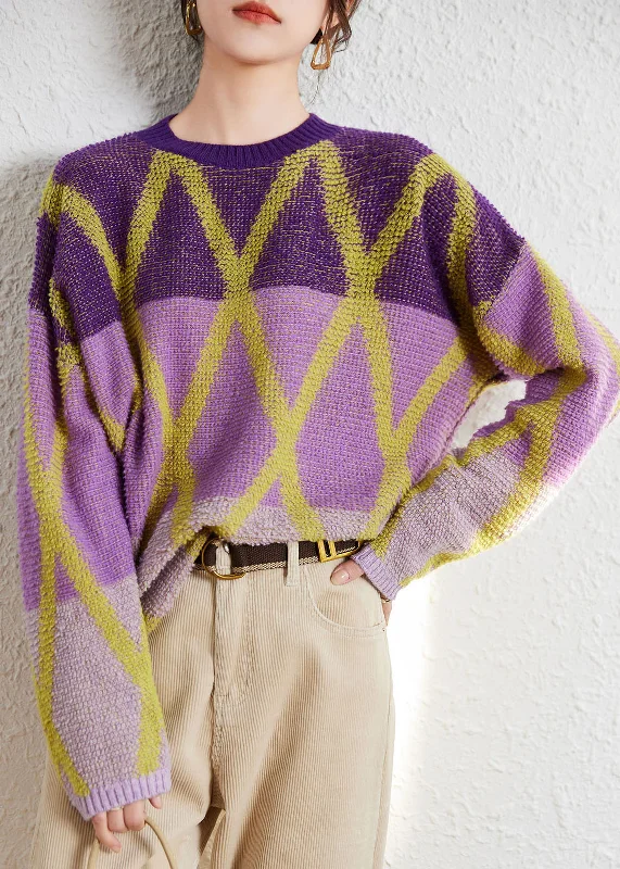 Hot Buy Art Purple O-Neck Plaid Patchwork Wool Knit Sweaters Long Sleeve