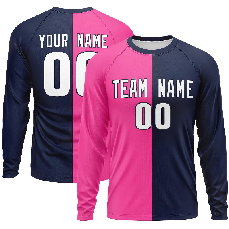 Custom Pink Navy Crew Neck Split Design Long Sleeve Performance T-Shirt