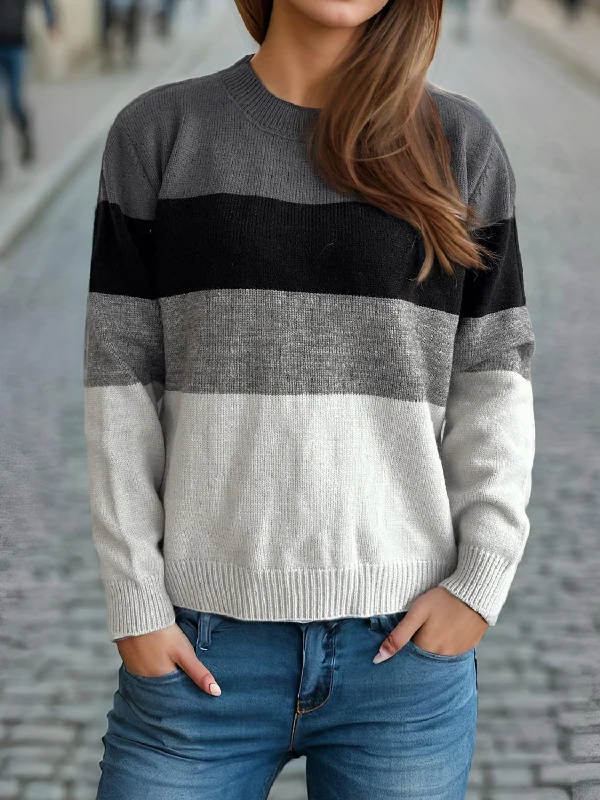 Best Deals Color Block Round Neck Long Sleeve Sweater
