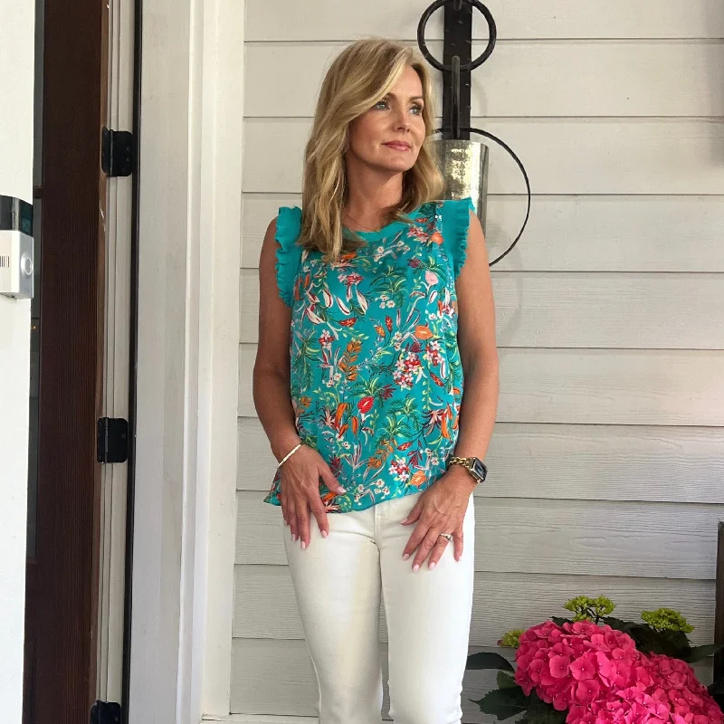 Steals and Deals Adalyn Tropical Print top | Teal