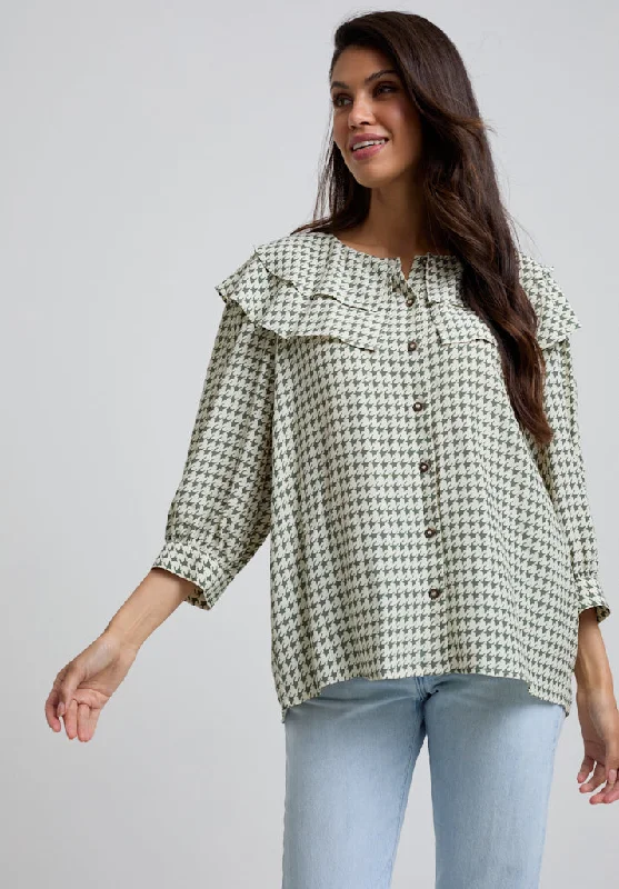 Instant Savings Keira Split Collar Houndstooth Print Blouse In Green
