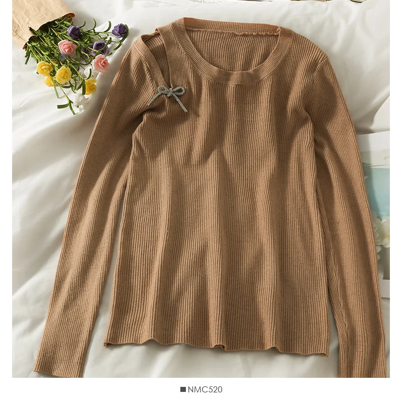 Weekend Deals That Sparkle Women's autumn decoration thin round neck sweater  1992