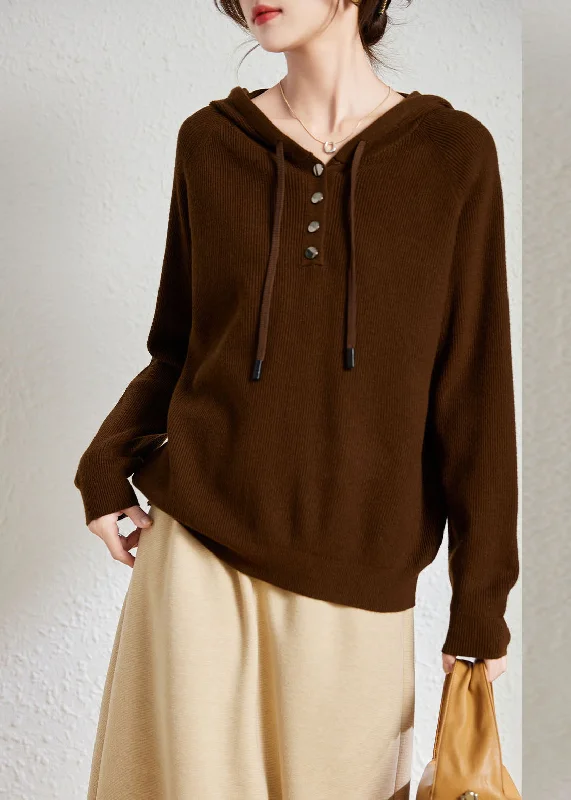 The Best Deal Handmade Coffee Drawstring Thick Hooded Knit Sweater Fall
