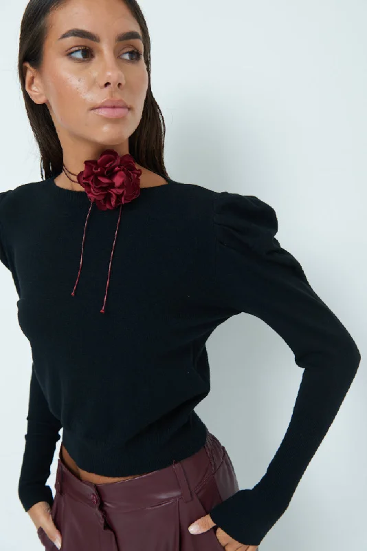 Weekend Savings Fiesta Puff sleeve knit sweater with floral neck detail wholesale
