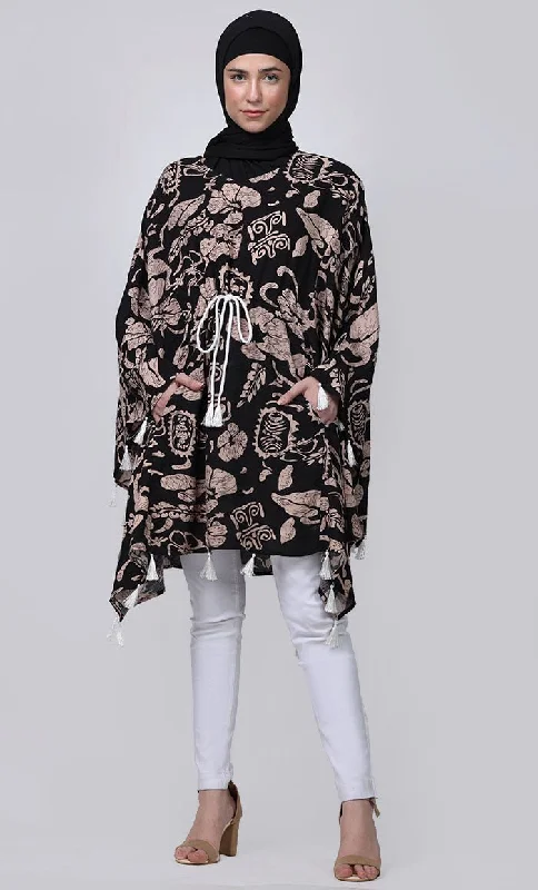 Weekend Discounts to Savor Basic Everyday Wear Printed Floral Tunic With Contrasted Tessels And Dori