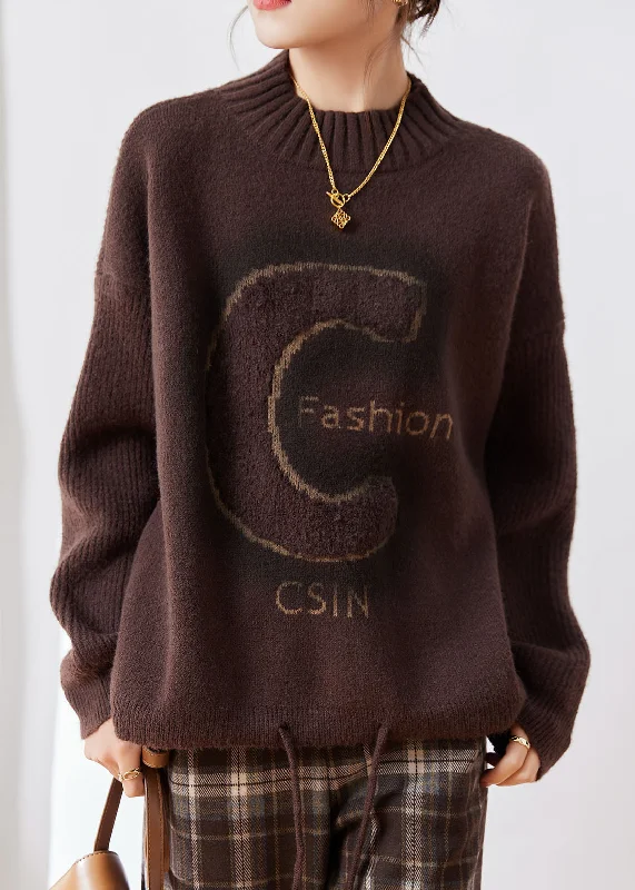 Pay Less Plus Size Coffee Turtleneck Alphabet Print Thick Cotton Knit Sweaters Long Sleeve