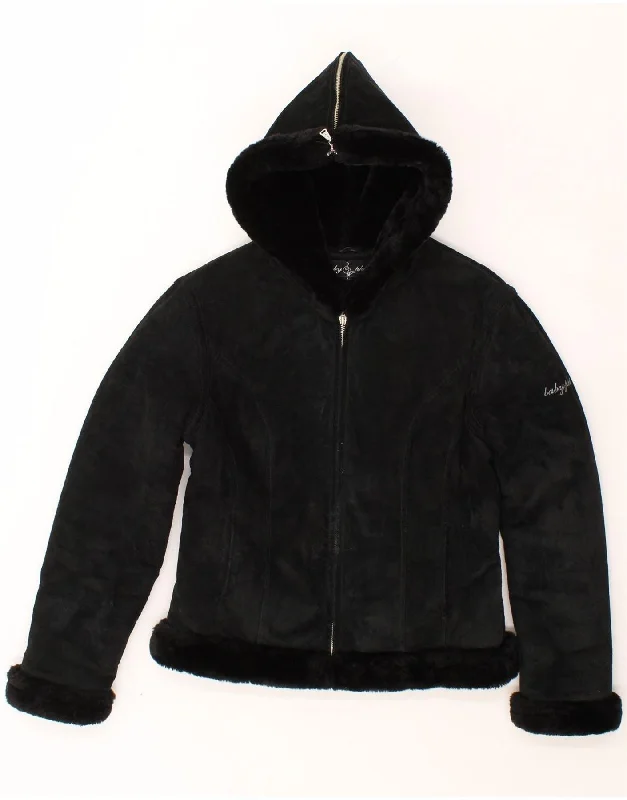 Markdown Sale BABY PHAT Womens Hooded Sherpa Leather Jacket UK 14 Large Black Leather