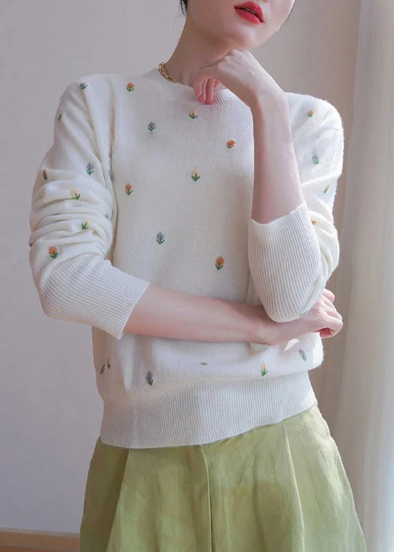 Deal Dash French White O Neck Embroideried Knit Sweater Fall