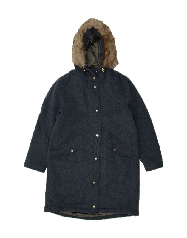Shop and Save MASSIMO DUTTI Womens Hooded Parka Jacket UK 10 Small Blue Wool