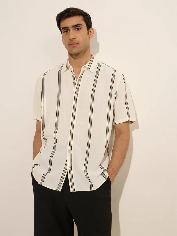 Ascot Off-White Striped Relaxed-Fit Linen-Blend Shirt