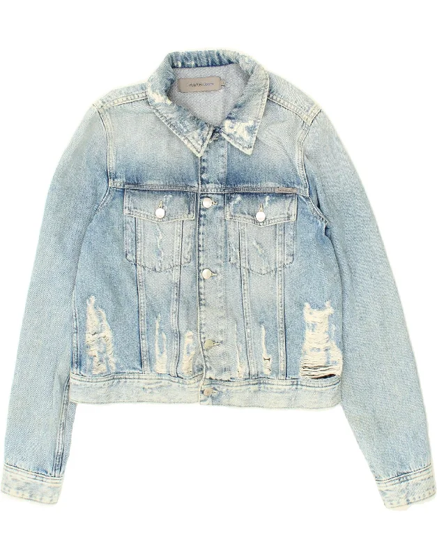 Sale Alert CALVIN KLEIN Womens Graphic Distressed Denim Jacket UK 16 Large Blue