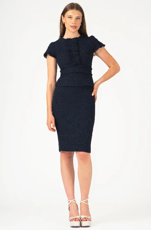 Inventory Reduction Bouclé Short Sleeve Peplum Top with Ruffles