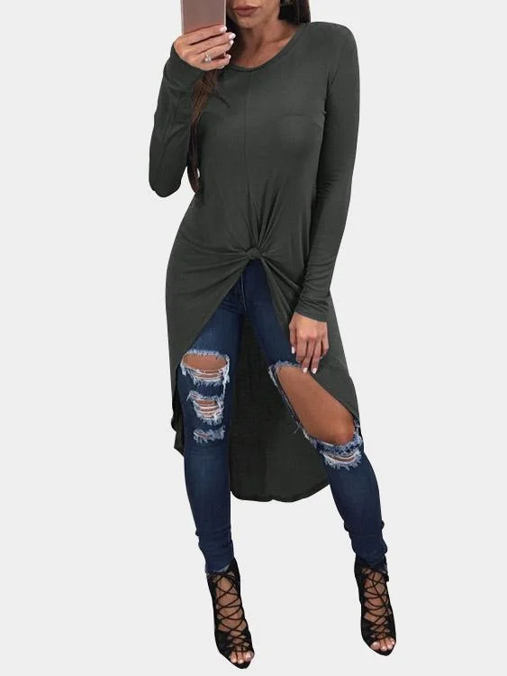 Weekend Deals to Make You Smile Custom Round Neck Long Sleeve Curved Hem Grey Top