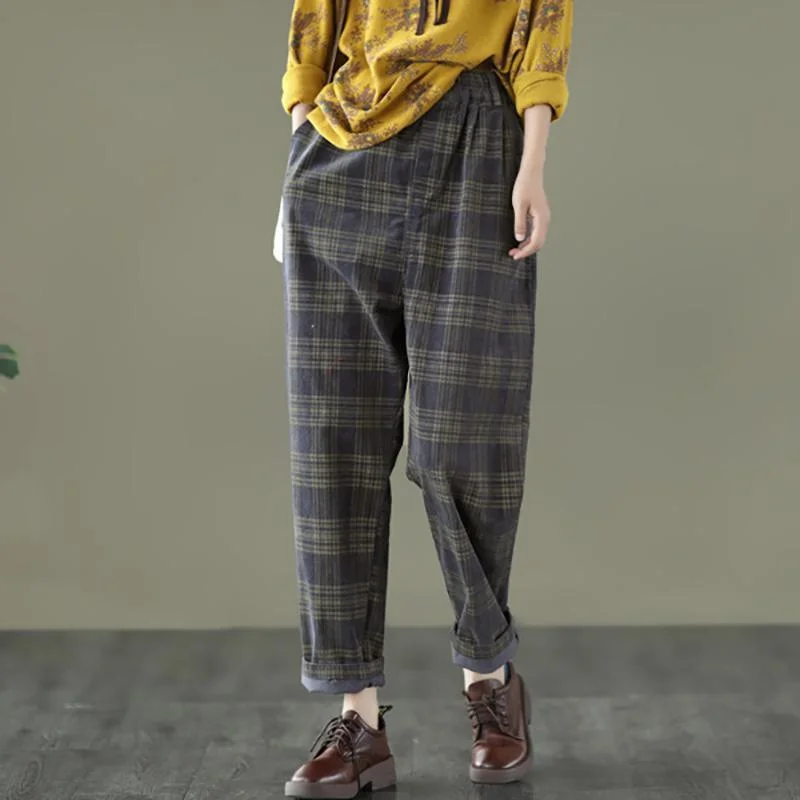 Extra Discounts Spring Plaid Corduroy Pants Elastic Waist