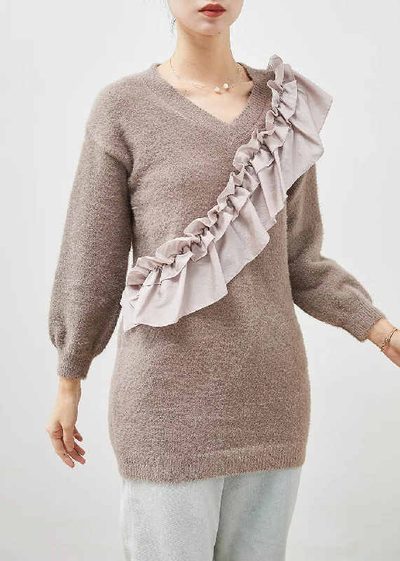 Weekend Bargains to Savor French Grey Ruffled Patchwork Thick Knit Sweaters Winter