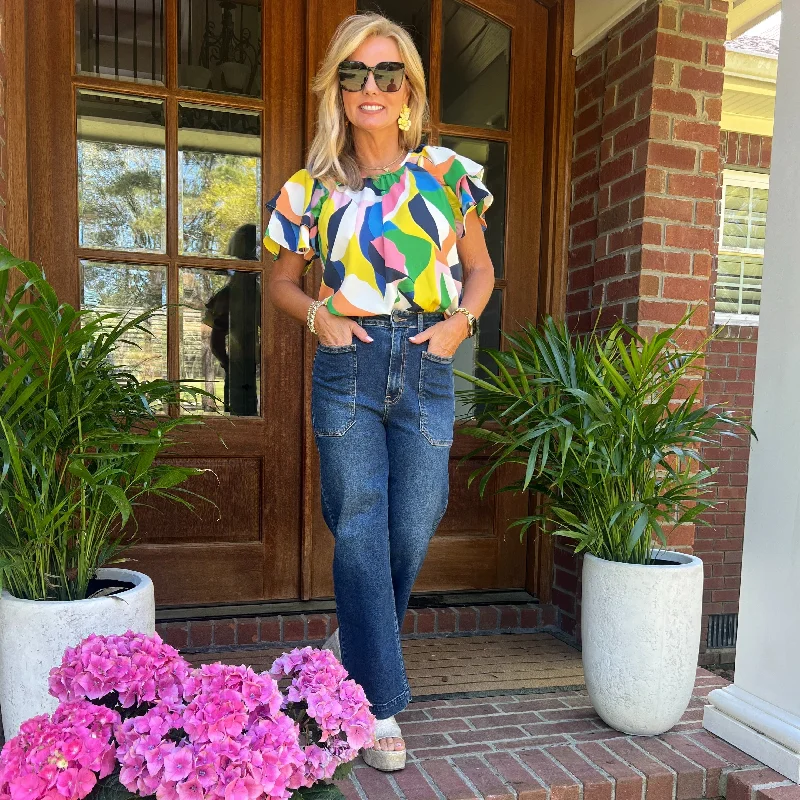 Deep Discounts Olivia Flutter Sleeve Abstract Top | Pink & Green