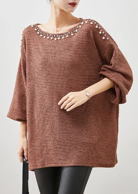 Weekend Savings Extravaganza Modern Brown Oversized Nail Bead Knit Top Spring
