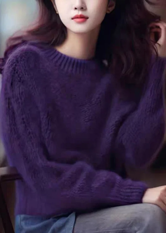 Unbeatable Deal Simple Purple Solid Cozy Cotton Knit Top Long Sleeve