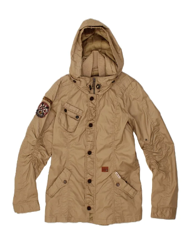 Super Discount KHUJO Womens Graphic Hooded Utility Jacket UK 20 2XL Beige Cotton