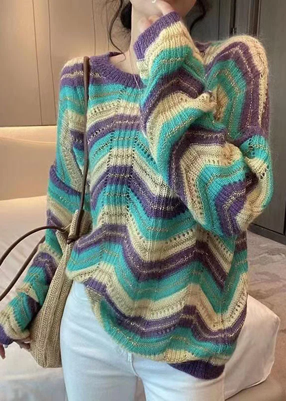 Price Rollback Modern Purple Striped Hollow Out Cotton Knit Sweater Fall