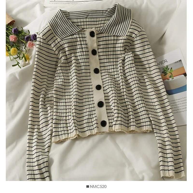 Bargain Bin Korean vertical stripe Lapel long sleeve single breasted cardigan top  2043