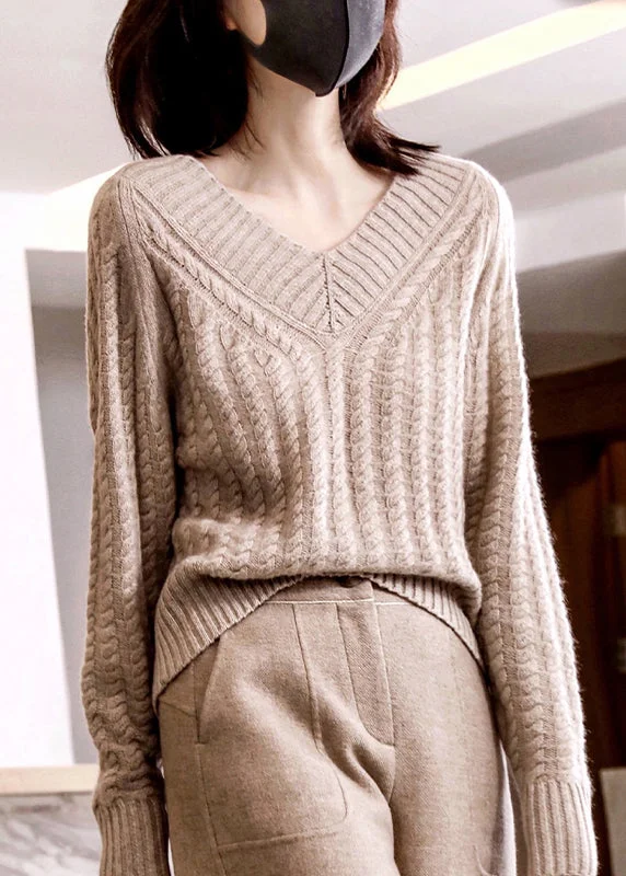 Special Price Italian Khaki V Neck Loose Woolen Cable Knit Sweaters Fall