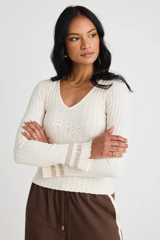 Shop and Save Nico Taupe Stripe LS V Neck Rib Knit Top