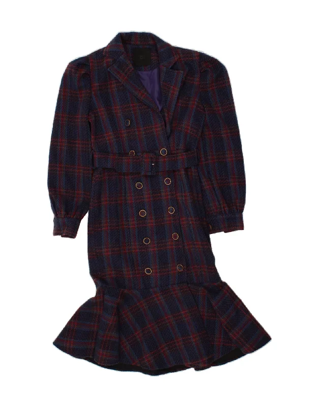 Limited Edition VINTAGE Womens Double Breasted Coat UK 10 Small Navy Blue Check