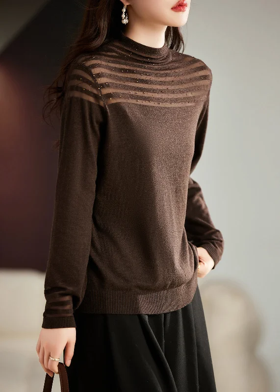 Price Meltdown Women Coffee Nail Bead Tulle Patchwork Knit Top Long Sleeve