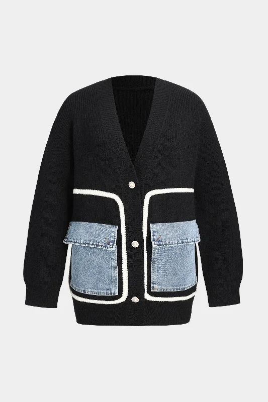 Shop the Weekend Away Knit Patchwork Denim Button Pocket Cardigan