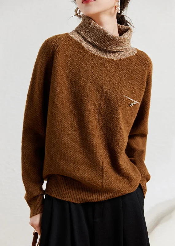 Deal Mania New Coffee Turtleneck Patchwork Cozy Cotton Knit Sweaters Winter