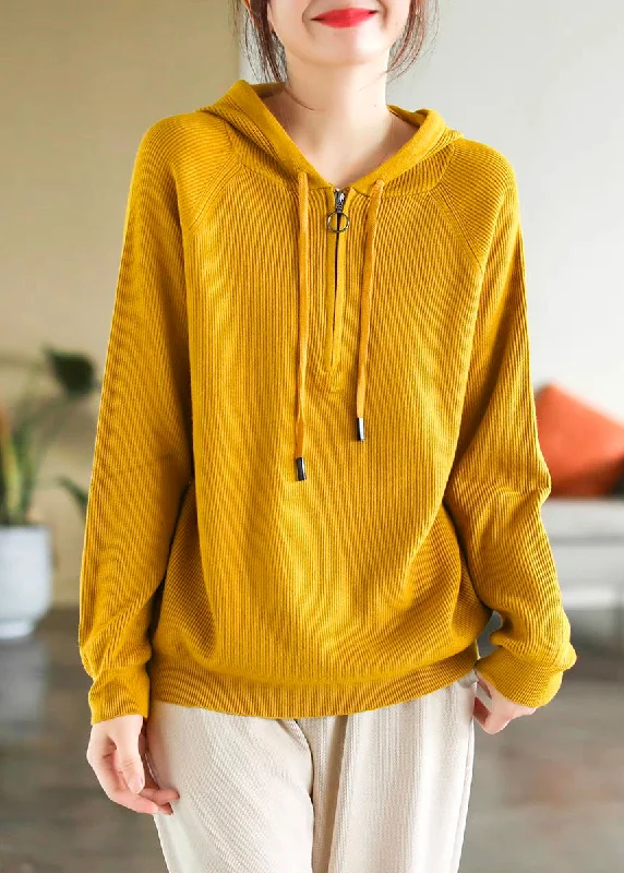 Special Savings Simple Yellow Hooded Zippered Cotton Knit Top Spring