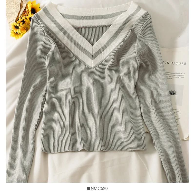 Super Sale Korean striped off shoulder low collar collarbone exposed long sleeve T-shirt 1976 Super Sale Korean striped off shoulder low collar collarbone exposed long sleeve T-shirt 1976