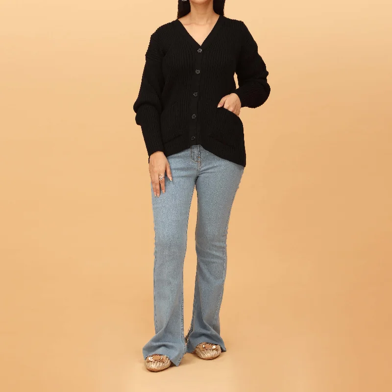 Weekend Bargains to Celebrate Black Plain Knitted Sweater with Pockets PW4818