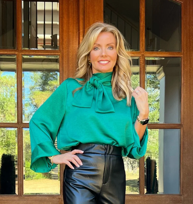 Can't Miss Haven Satin Tie Neck Top | Green