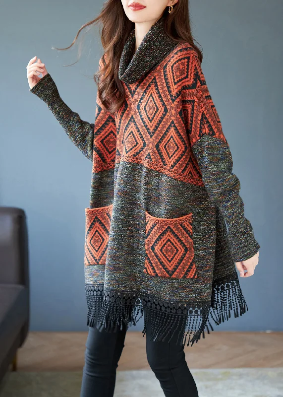 Stock Clearance Boho Orange Tasseled Patchwork Knit Dress Spring