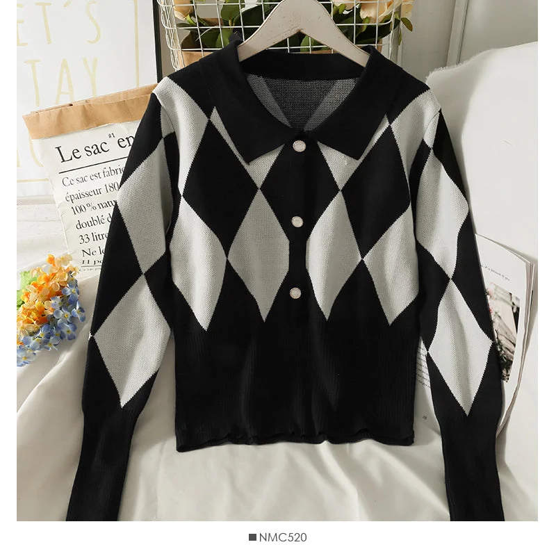 Lowest Prices Autumn Vintage color blocking diamond Plaid Lapel long sleeve knitted Pullover Sweater  2024