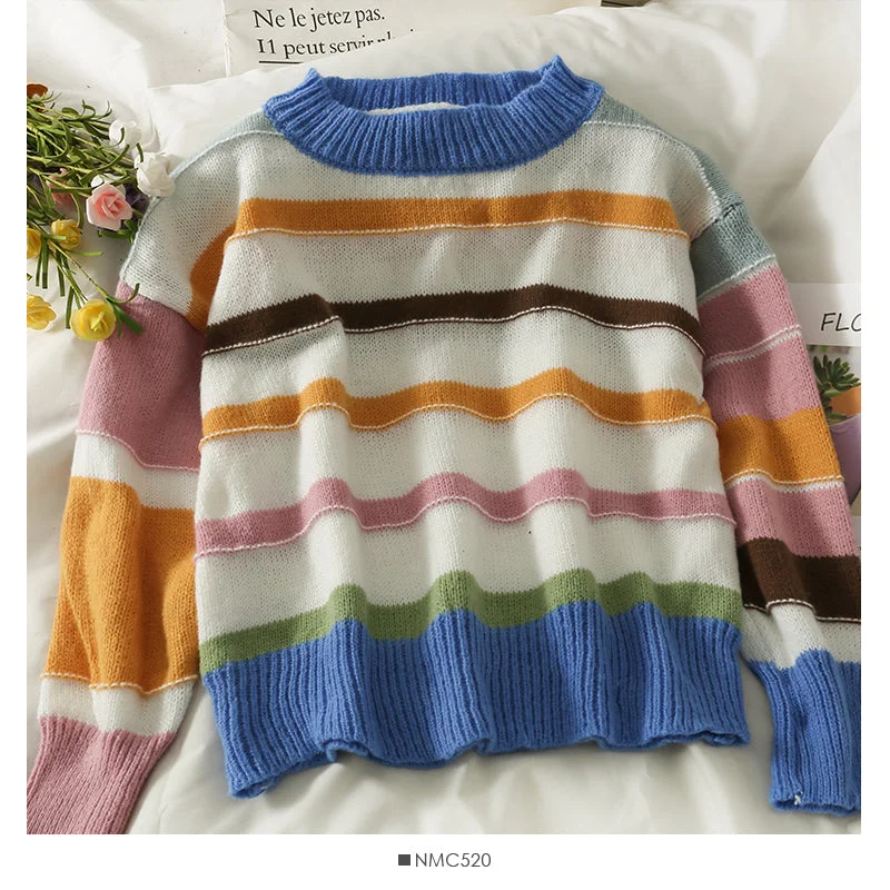 Celebrate the Weekend with Discounts Elegant color stripe crew neck slim fit sweater  2002