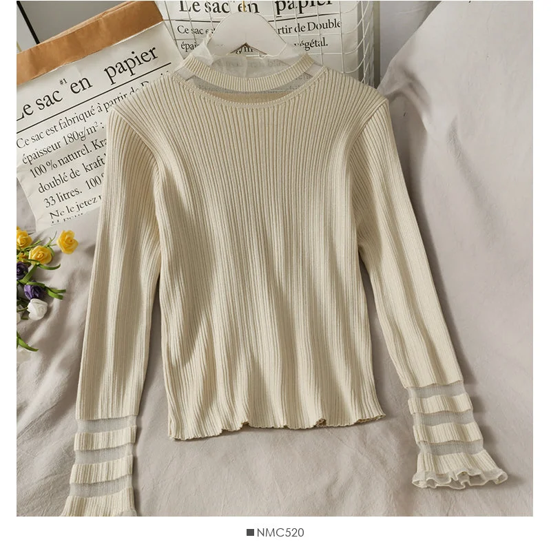 Big Savings Mesh stitched wood ear edge half high neck long sleeve bottomed blouse  2025