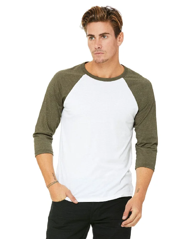 Bella+Canvas Unisex Triblend 3/4-Sleeve Baseball T-Shirt | Wht/ Hthr Olive