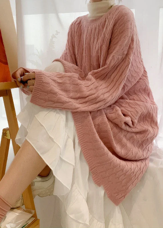 Weekend Offers That Please Style Pink O-Neck Cozy Cotton Knit Sweater Dress Fall