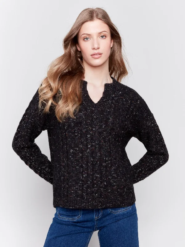 Weekend Deals That Wow Speckled Yarn Cable Knit Sweater - Black