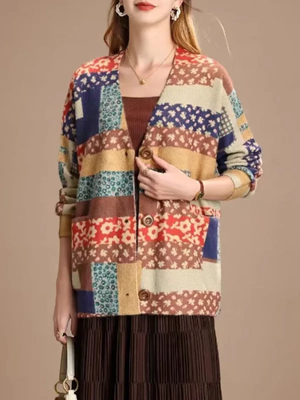 The Best Prices Women Flower Patch Spliced Winter Cardigan Sweater