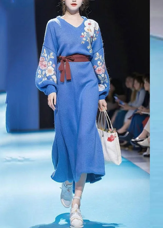 Early Access Modern Blue V Neck Print Tie Waist Cotton Knit Long Sweater Dress Winter