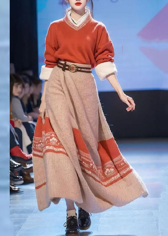 Weekend Bargains to Love Art Red V Neck Print Cotton Knit Sweaters And Maxi Skirts Two Pieces Set Fall Weekend Bargains to Love Art Red V Neck Print Cotton Knit Sweaters And Maxi Skirts Two Pieces Set Fall