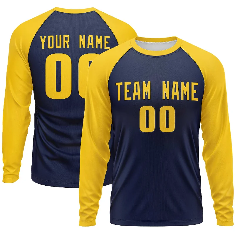 Custom Navy Gold Crew Neck Raglan Long Sleeve Performance T-Shirt