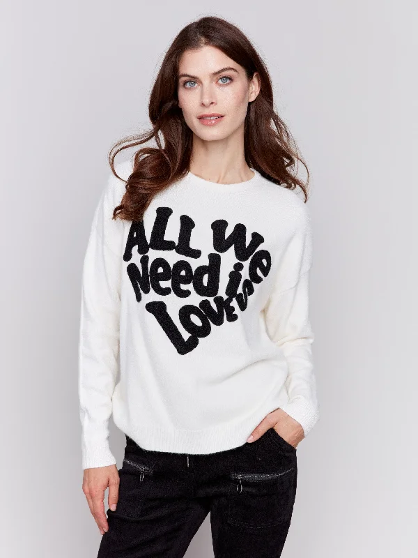 Super Sale Crew Neck Sweater with Love Embroidery - Ecru